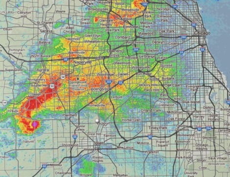 Simulation of a supercell thunderstorm radar image over map of Chicagoland.