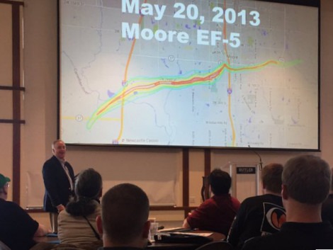 At the 2016 Central Indiana Severe Weather Summit, well-known storm chaser Jeff Piotrowski discusses how he chased the 2013 El Reno, Oklahoma tornado. Photo from Twitter by Kalie Pluchel (@KaliePluchelWX). 