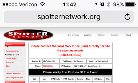 SpotterNetwork.org's reporting page displays the ID and phone number of the appropriate NWS office to members who are logged in and using a location-reporting app.