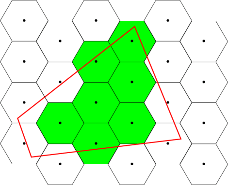 Selecting cell towers (black dots) within a tornado warning polygon (red) is the most common way mobile carrier geographically target wireless emergency alerts, according to a Johns Hopkins University study.