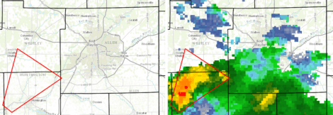 Maps showing the complete tornado warning polygon, with and without radar data. At the time of the warning, the radar-indicated tornado was over the town of Andrews, west of Huntington, moving northeast at 25 mph.