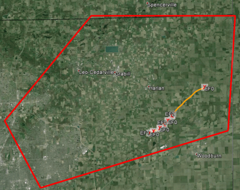The red, five-sided polygon encloses the part of Allen County to which the tornado warning applied. The dark yellow line within the polygon depicts the tornado's path.