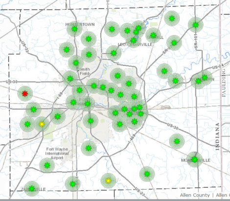 Locations of outdoor warning sirens in Allen County, Indiana, from map provided by the website of the Allen County Office of Homeland Security