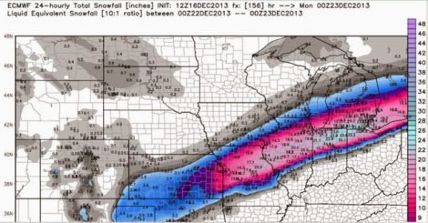 Snowfall forecast map from the European numerical weather prediction model run on Dec. 16, 2013 for the forecast period Dec. 22-23. What actually happened Dec. 22 and 23 wasn't even close to this!