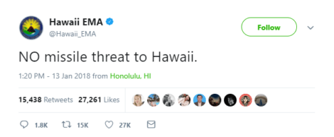 Tweet sent by Hawaii's Emergency Management Agency after it sent a false missile attack alert via the Emergency Alert System Jan. 13, 2018.
