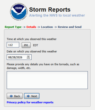 A screen shot of an NWS web form for reporting severe weather.